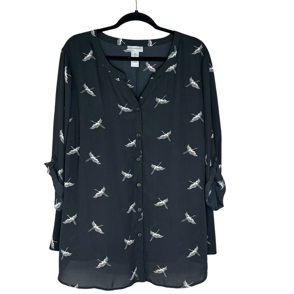Catherines Tunic Top Button Up Crane Bird Print Chiffon Black Size 3X